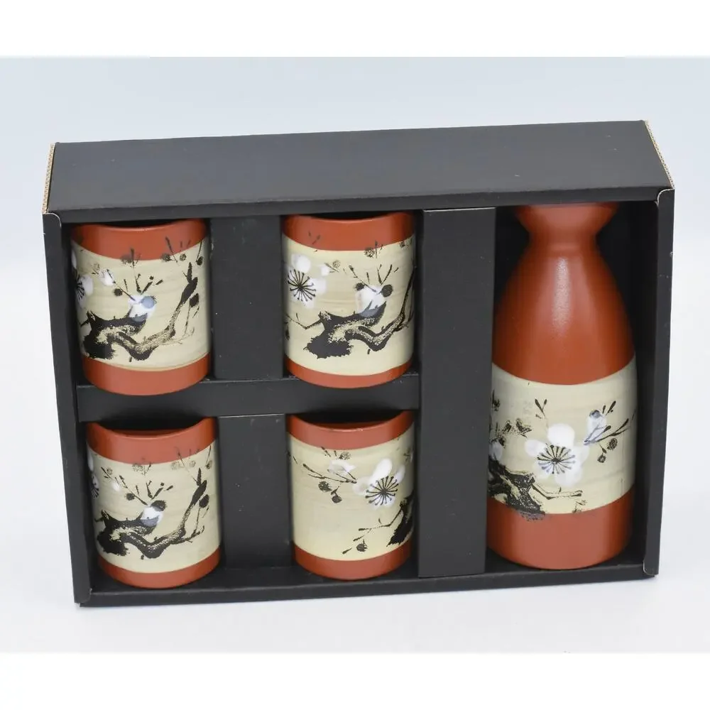 Vintage Japanese Cherry Blossom Hand Decorated Red Stoneware Sake Set - 5pc NEW